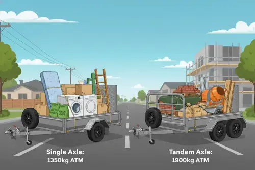 8x5 trailer capacity guide showing single and tandem axle trailers loaded with household items, gree